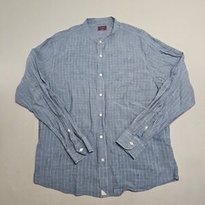 UNTUCKIT Shirt Men XL 100% Linen Ramey Mandarin Collar Grid Check Button Up Blue